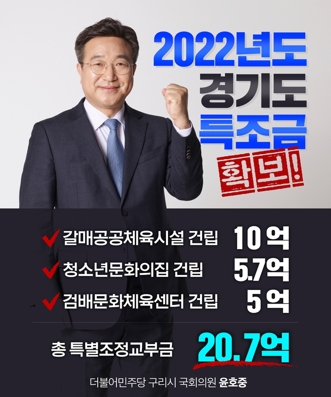 윤호중 (민주·경기 구리) 의원이 20일 이번년 1차 경기도 특별조정교부금을 확보해다고 밝혔다. (자료=윤호중 의원실 제공)