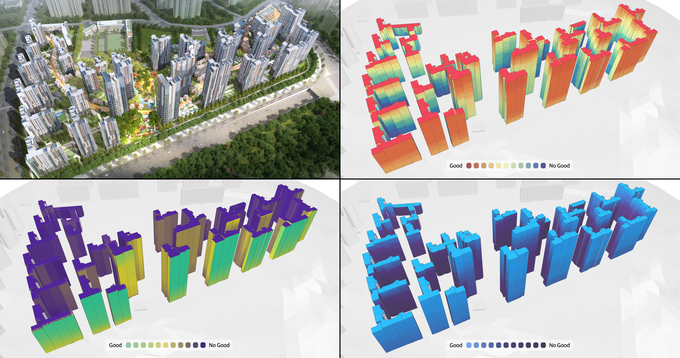 GS건설은 26일 1호 사내벤처인 ‘인디드랩’이 아파트 세대별 조망권과 일조량, 소음, 시세 등의 데이터를 한눈에 볼 수 있는 앱인 ‘스택(stack.)’을 출시했다. 사진은 앱을 구현한 화면. (사진=GS건설 제공)