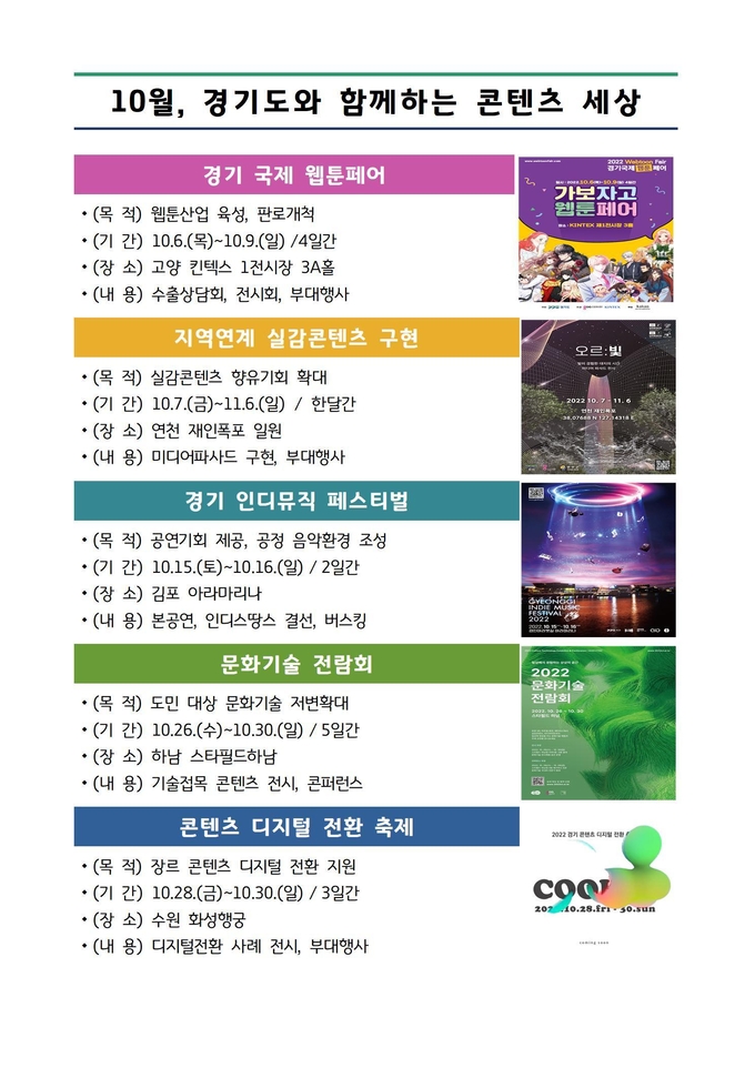 경기도가 10월 개최하는 5개 행사 정보. (사진=경기도 제공)