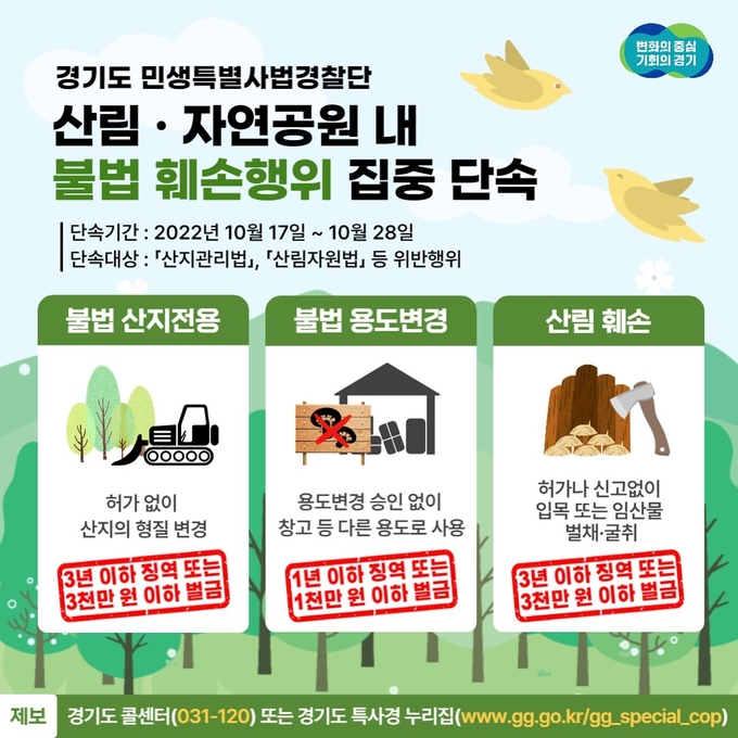 경기도 민생특별사법경찰단이 오는 17일부터 28일까지 산림 및 자연공원 내 불법행위를 집중 단속한다. (사진=경기도 제공)