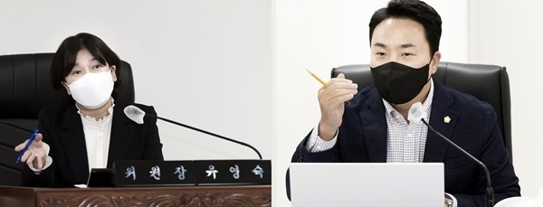 김포시의회 행정감사 첫날인 지난 13일 국힘소속 유영숙 위원장과 더불어민주당 배강민 위원간에 설전이 이어지고 있다.(사진=김포시의회 제공)