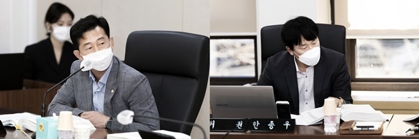 김포시의회 정례회 도시환경위원회 장윤순 위원(왼쪽)과 한종우 위원이 시 종합허가과를 상대로 질의를 벌이고 있다.(사진=시의회제공)
