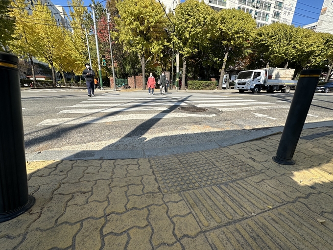 25일 인천 남동구의 한 횡단보도가 일정 부분만 도보 낮춤턱이 돼 있다. ( 사진 = 조경욱 기자 )