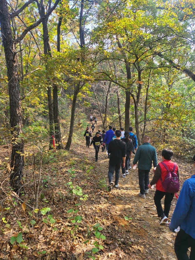 올들어 두 번째 마련한 걷기대회가 펼쳐진 가운데 주민 400여 명이 줄이어 숲길을 걷고 있다. (사진=김포통진주민자치회 제공)
