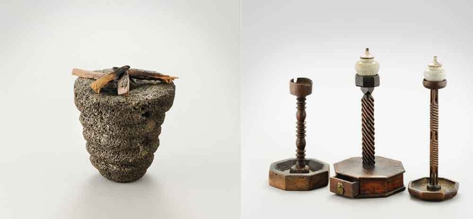 왼쪽부터 ‘빛, 비추면’ 기획전시 1부 대표유물 돌등잔(Stone lamp)과 등잔대(Lampstand). (사진=한국등잔박물관 제공)
