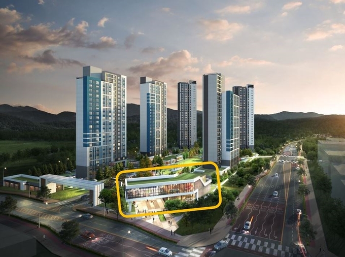2024년7월 개관 예정인 다산동 다산진건 A-5블록 고령자복지주택내 사회복지시설로 건립되고 있는 다산노인복지관 위치조감도. (노란선내)(사진= 남양주시 제공)