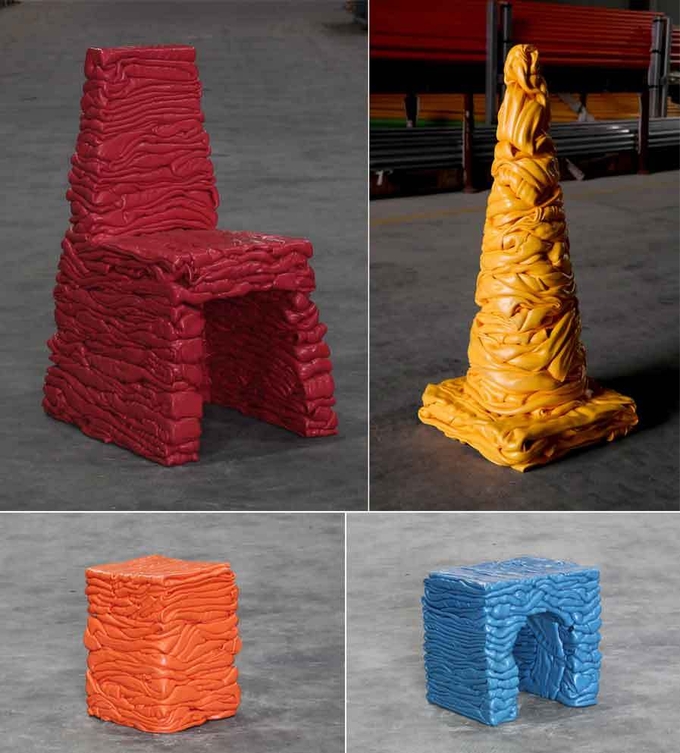 왼쪽 위부터 시계방향으로 강영민_PLATUBO Chair Ver.2_폐PVC_55x45x83cm_2022, 강영민_PLATUBO No Parking Sign_폐PVC_36x36x75cm_2022, 강영민_PLATUBO Stool_폐PVC_41x41x54cm_2021, 강영민_PLATUBO Stool(small)_폐PVC_30x30x40cm_2022.J (사진=경기문화재단 경기도어린이박물관 제공)