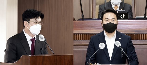 김포시의회 정례회의에서 서울5호선 관련해 배강민(오른쪽)의원의 시정 질문에 김병수 시장이 답변하고 있다. (사진=천용남기자)