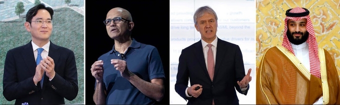 (왼쪽부터) 이재용 삼성전자 회장, 사티아 나델라 MS CEO, 페터르 베닝크 ASML CEO, 무함마드 빈살만 사우디아라비아 왕세자. (사진=연합뉴스)