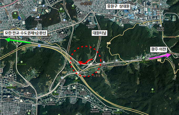 신설된 갈현IC 연결도로. (붉은 점선 안). (사진=성남시 제공)