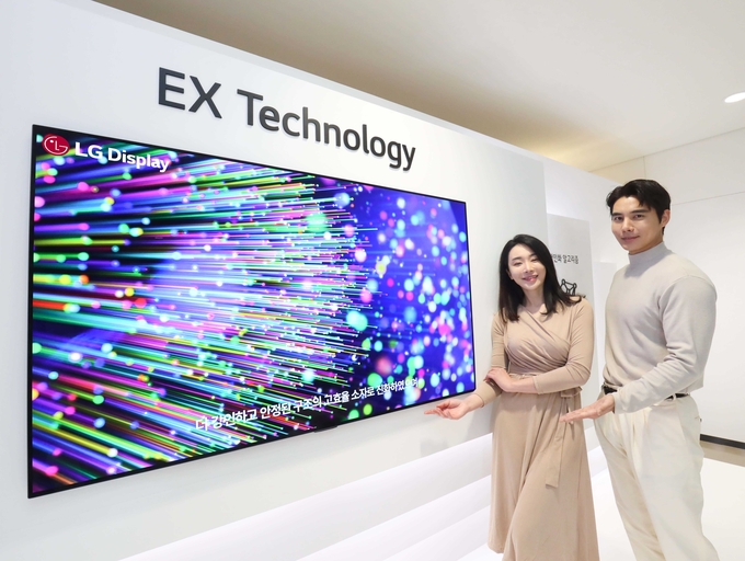 LG디스플레이 모델이 EX 테크놀로지가 적용된 OLED TV 패널을 소개하고 있다. (사진=LG디스플레이 제공)