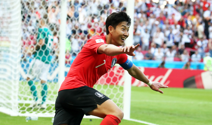 2018년 러시아 월드컵 독일 전에서 골을 넣고 기뻐하는 손흥민 (사진=연합뉴스/자료사진)