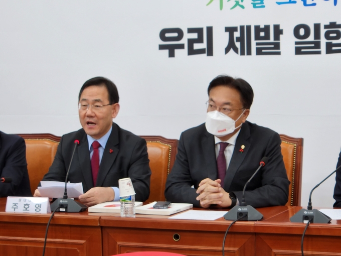 주호영 국민의힘 원내대표(왼쪽)과 정진석 국민의힘 비상대책위원장이 1일 국회에서 열린 비상대책위원회의에 참석했다. (사진=김한별 기자)