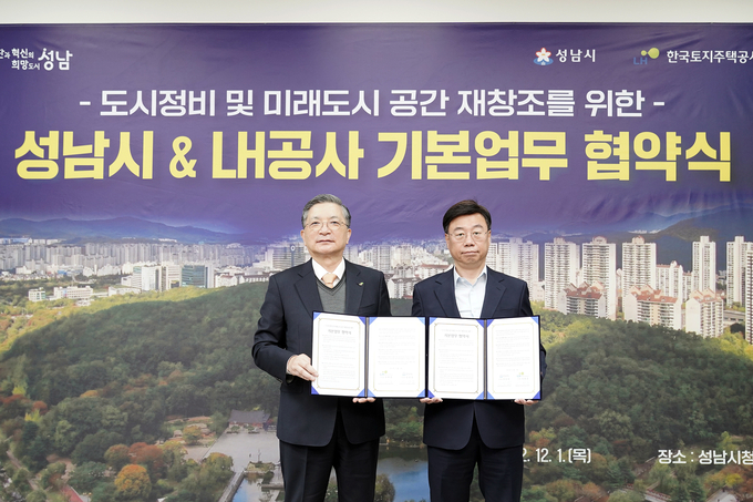 신상진 성남시장(사진 오른쪽)과 이한준 한국토지주택공사(LH) 사장이 협약식 후 기념촬영을 하고 있다. (사진=성남시 제공)