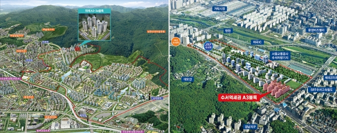 (왼쪽부터) 위례A3-3aBL 단지 내 상가, 수서역세권 A3BL 단지 내 상가 조감도. (사진=LH 서울지역본부 제공)