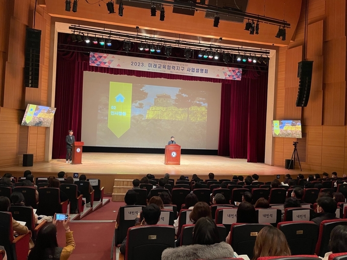 7일 청소년문화센터 온누리아트홀에서 ‘2023 수원미래교육협력지구’ 사업설명회가 열리고 있다. (사진=수원시 제공)