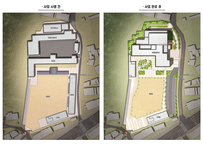 퇴계원중학교 그린스마트 미래학교 사업전과 사업후 평면조감도(사진=구리남양주교육지원청 제공)