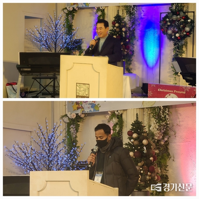 (상) 백영현 포천시장이 개회사를 하고 있다. (하) 외국인 근로자 대표 소헬(Shohel, 방글라데시)씨가 답사를 하고 있다. (사진=문석완 기자)