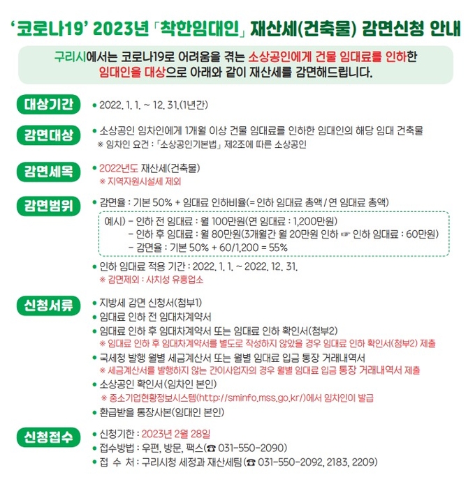 구리시가 지난해 소상공인 임차인에게 임대료를 인하해준 이른바 '착한 임대인'을 대상으로 재산세를 감면하기로 했다. 사진은 감면 신청 안내문. (사진=구리시 제공)