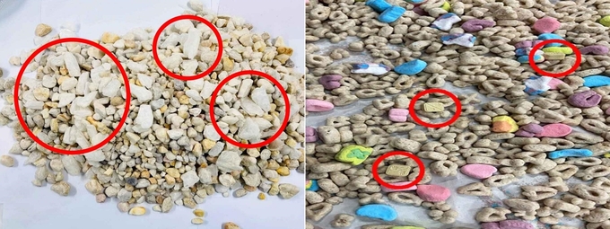 수족관 돌과 섞여 들여온 필로폰(왼쪽)과 시리얼에 섞여 들여온 MDMA. ( 사진 = 인천지검 제공 )