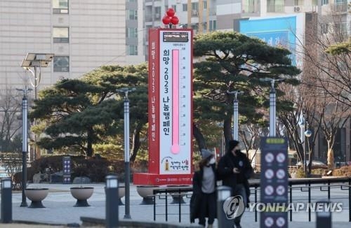 100도 달성한 인천 사랑의 온도탑 (사진=연합뉴스/자료사진)