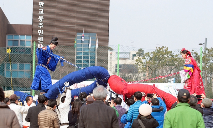 판교쌍용거(巨)줄다리기가 판교동 주민센터 앞에서 재연되고 있다. (사진=성남문화원 제공)