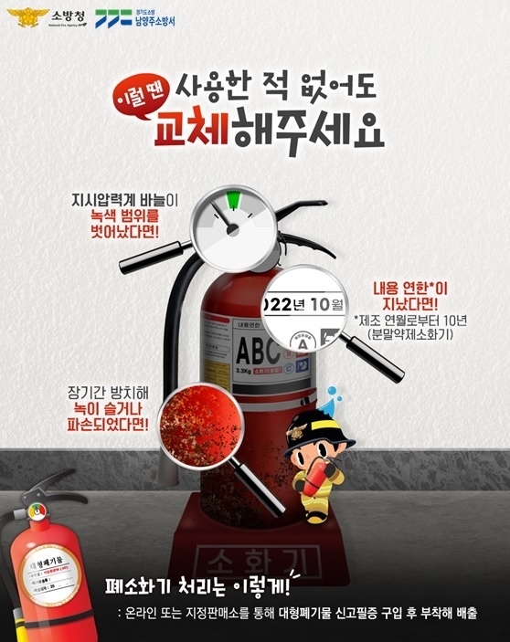 남양주소방서는 내용연수가 경과했거나 이미 사용해서 더 이상 사용할 수 없는 폐소화기 배출 시 처리방법을 준수해 주길 당부하고 있다.(사진=남양주소방서 제공)