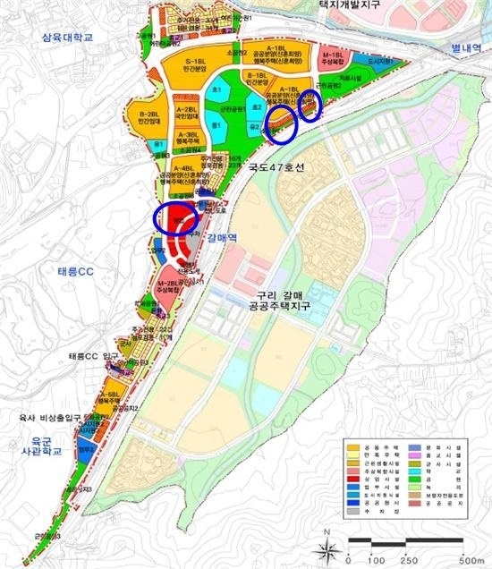 구리시가 구리갈매역세권 공공주택지구내에 경기동북부 최대학원가를 조성할 계획이다.(푸른색 원내가 학원 조성 예정지.사진=구리시 제공))