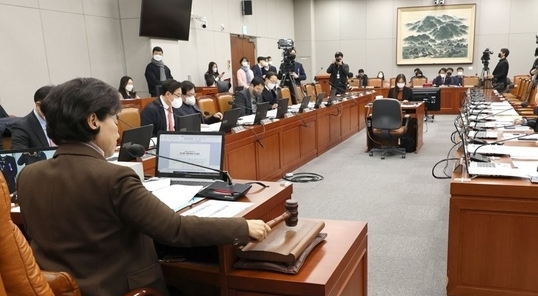 남인순 정개특위 위원장이 지난달 26일 오후 서울 여의도 국회에서 열린 정치개혁특위 전체회의에서 의사봉을 두드리고 있다. (사진=연합뉴스)