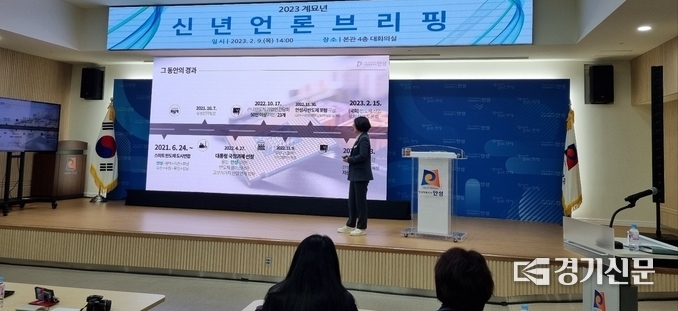 김보라 안성시장이 신년 언론브리핑을 진행하고 있다(사진=정성우 기자)