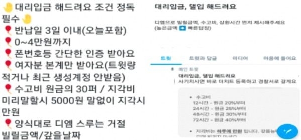 소셜미디어(SNS) 상 대리입금 광고 예시. (사진=금융감독원 제공)