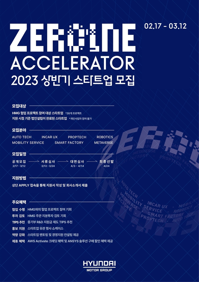 현대차그룹의 '제로원 액셀러레이터' 상반기 스타트업 모집 포스터 (사진=현대차그룹)