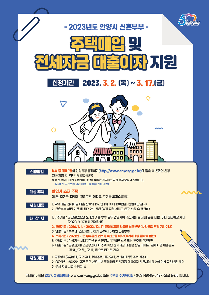 안양시 신혼부부 주택매입 및 전세자금 대출이자 지원사업 홍보 포스터.(사진=안양시 제공)