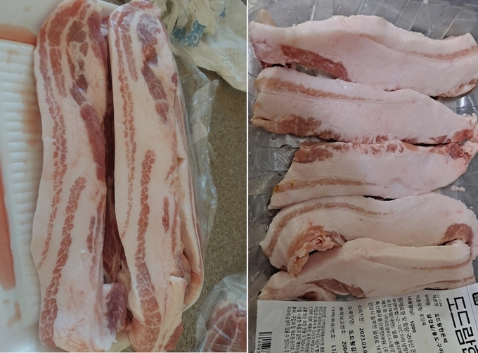 L사와 S사에서 삼겹살데이를 맞아 판매한 제품 후기 사진. (사진=각 사 애플리케이션 갈무리)
