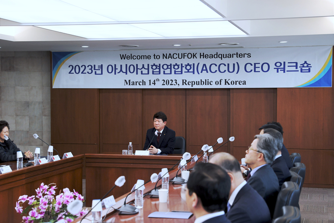 2023 아시아신협 CEO 워크숍에서 김윤식 신협중앙회장이 환영사를 하고 있다. (사진=신협중앙회 제공)