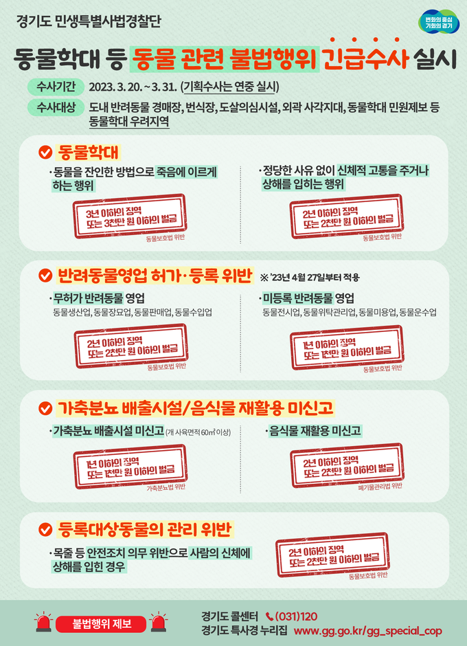 동물학대 등 동물 관련 불법행위 긴급수사 실시 홍보물. (자료=경기도 제공)