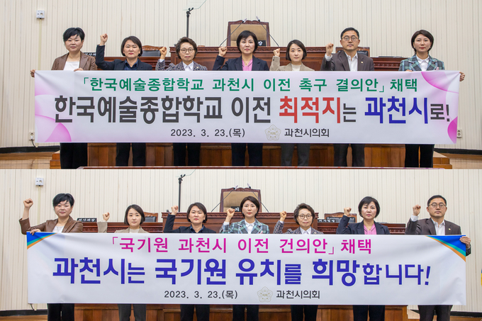 과천시의회가 23일 열린 임시회에서 국기원과 한예종 이전을 촉구하고 있다. (사진=과천시의회 제공)