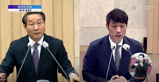 유정복 인천시장(왼쪽)과 이용창(국힘·서구2) 인천시의원이 23일 시의회 본회의에서 수도권매립지 종료와 관련된 질의 및 답변을 진행하고 있다. ( 사진 = 인천시의회 제공 )