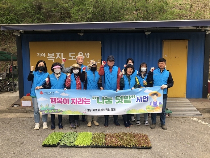 군포시 수리동 지역사회보장 협의체가 텃밭 가꾸기 사업으로 모종심기를 하고 있다.