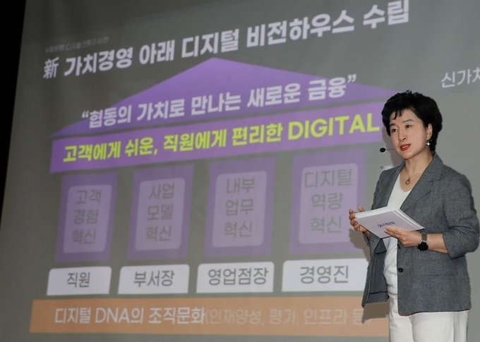 강신숙 수협은행장이 지난 21일 서울 송파구 수협은행 본사에서 열린 ‘2023년 디지털 원년 선포식’에서 디지털 전환의 중요성을 설명하고 있다. (사진=Sh수협은행 제공)