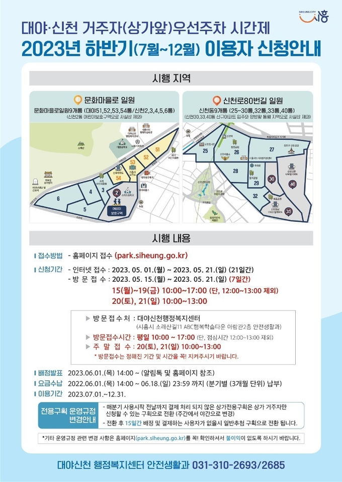 시흥시 대야·신천 행정복지센터가 대야·신천권 원도심 내 주차환경 개선을 위한 민생정책 사업의 일환으로 시흥시 최초로 시행 중인 거주자(상가 앞) 우선주차제 하반기 이용자 신청을 받는다고 25일 밝혔다(사진=시흥시 제공).