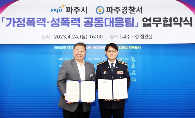 김경일 파주시장(왼편)과 이재성 파주경찰서장이 협약을 체결하고 있다.(사진=파주경찰서 제공)