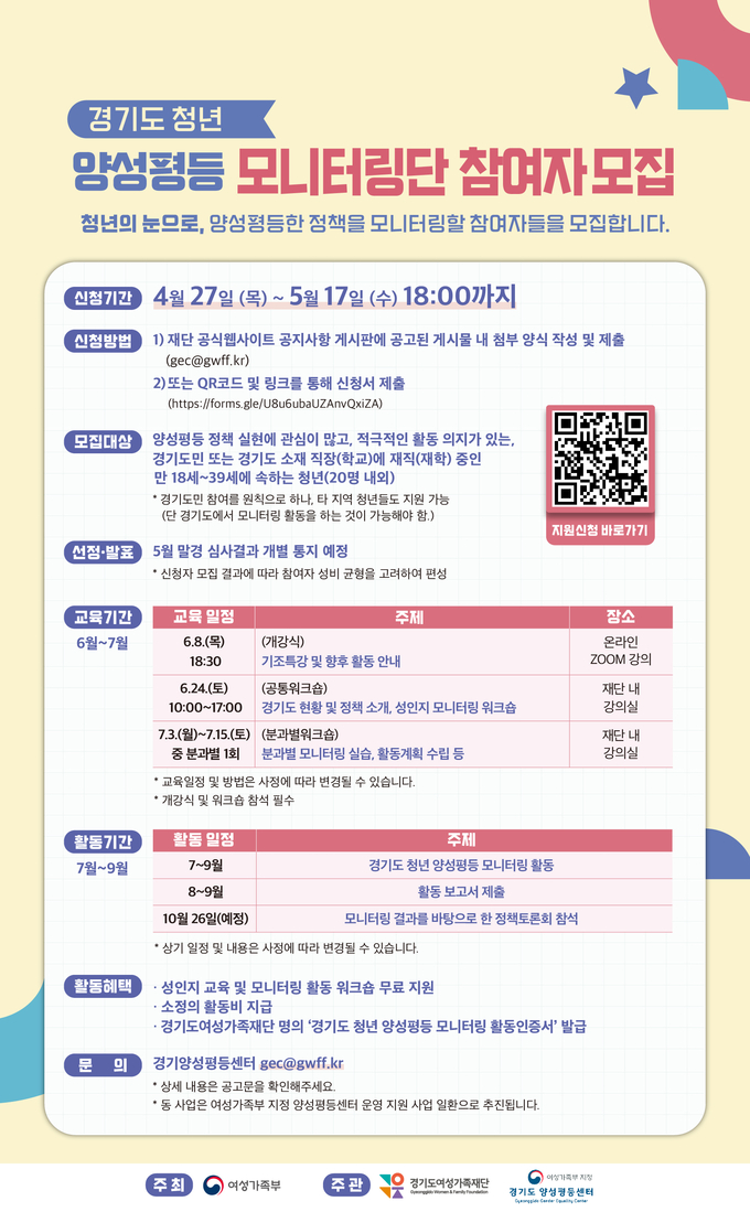 경기양성평등센터 ‘경기도 청년 양성평등 모니터링단’ 모집 포스터. (사진=경기도여성가족재단 제공)