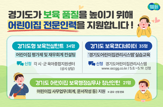 경기도형 보육건설턴트, 경기도 보육코디네이터, 경기도 어린이집 보육행정실무사 청년인턴 사업 안내 이미지. (사진=경기도 제공)