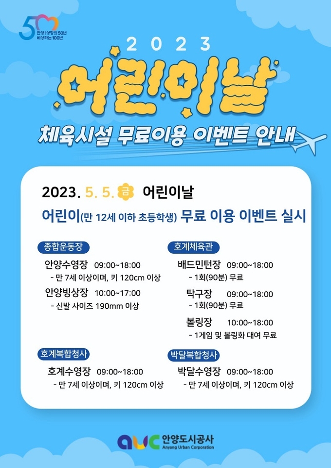 어린이날 실내체육시설 무료 이용 이벤트 포스터.(사진=안양도시공사 제공)