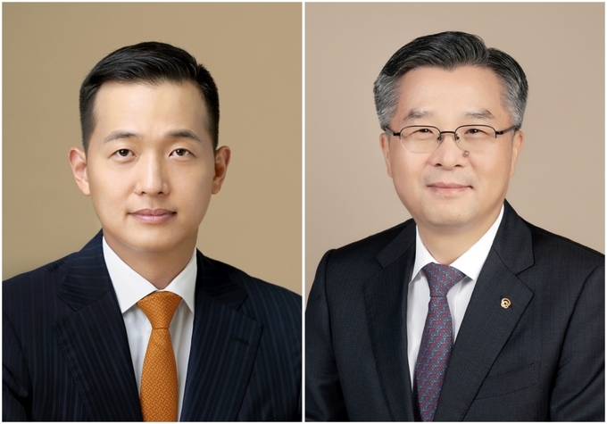 김동관 한화그룹 부회장(왼쪽)과 권혁웅 대우조선해양 신임 대표이사 부회장 (사진=한화그룹 제공)