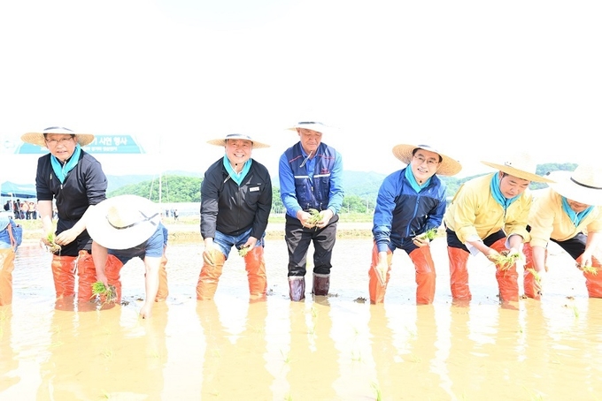 김동연 도지사 (오른쪽 3번째)와 김경일 파주시장(5번째)이 주민들과 모내기를 하고있다. (사진=파주시 제공)