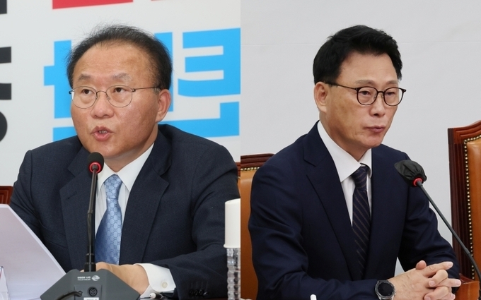 윤재옥 국민의힘·박광온 더불어민주당 원내대표가 15일 각각 당 최고위원회의에 참석해 발언하고 있다. (사진=연합뉴스)