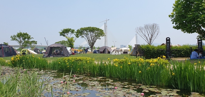 구리시가 한강변 28,710㎡ 잔디쉼터에 조성한 주간(晝間) 가족힐링 캠핑장. 오는 6월 3일 개장한다.(사진=구리시 제공)