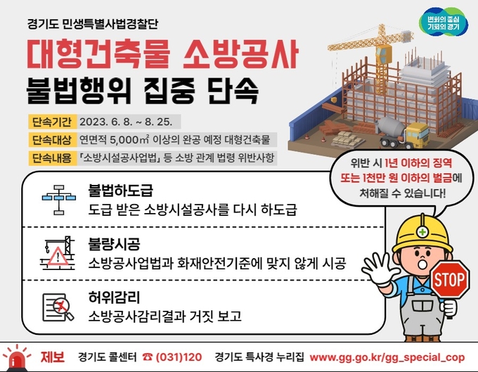 경기도 민생특별사법경찰단(특사경)은 오는 8일부터 25일까지 도내 신축 대형 건축물에 대한 소방 시설 공사 전반에 대한 위법행위를 집중 단속한다고 1일 밝혔다. (사진=경기도 제공)